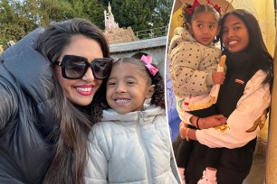 A split of Vanessa Bryant taking a selfie with her daughter Bianka and Natalia holding Capri at Disneyland.