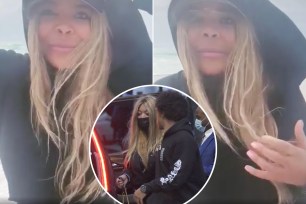 Wendy Williams talking in an Instagram video with an inset of her walking with son Kevin Hunter Jr.