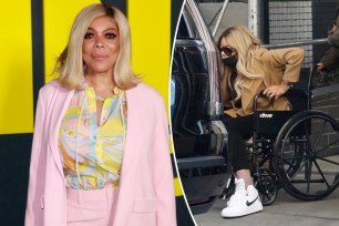 A split of Wendy Williams standing on a red carpet and sitting in a wheelchair.