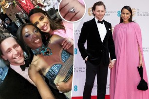 A split of Tom Hiddleston and Zawe Ashton taking a selfie with AJ Odudu, a photo of the couple on the red carpet and a close up of Ashton's ring in the inset.