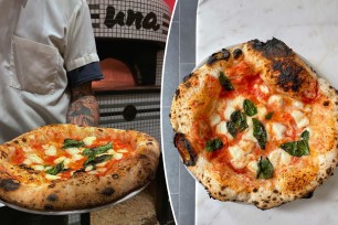 A split of two pizzas from Una Pizza Napoletana.