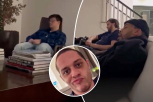 A split photo of a man sleeping, a photo of Scott Disick sleeping, and a small photo of Pete Davidson selfie