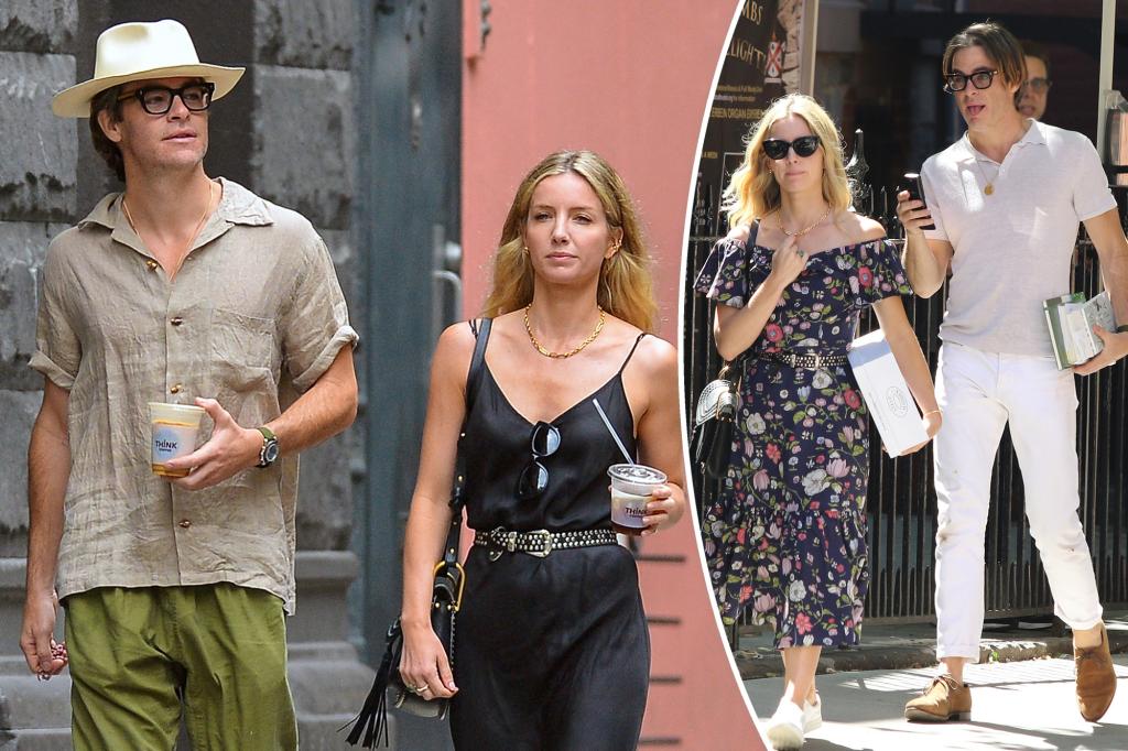 A split photo of Chris Pine and Annabelle Wallis walking and another photo of the couple walking another time