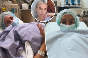 A split image of Heather Rae Young in the hospital with an inset of the Netflix star smiling for a selfie.