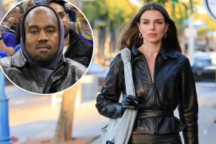 Julia Fox walking in a black leather jacket with an inset of Kanye West.