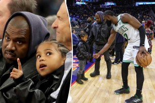 A split of Kanye West and Saint West sitting courtside at an NBA game, and a photo of them with baller Jaylen Brown.