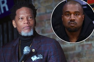D.L. Hughley on stage with an inset of Kanye West.