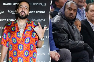 A split image of French Montana on a red carpet and Kanye West attending a spots event.