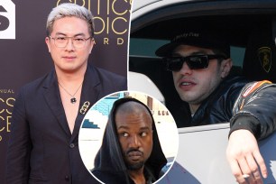 A split of Bowen Yang and Pete Davidson with an inset of Kanye West.