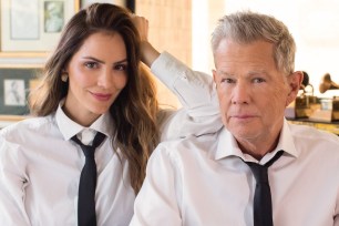 David Foster and Katharine McPhee in matching white shirt and tie