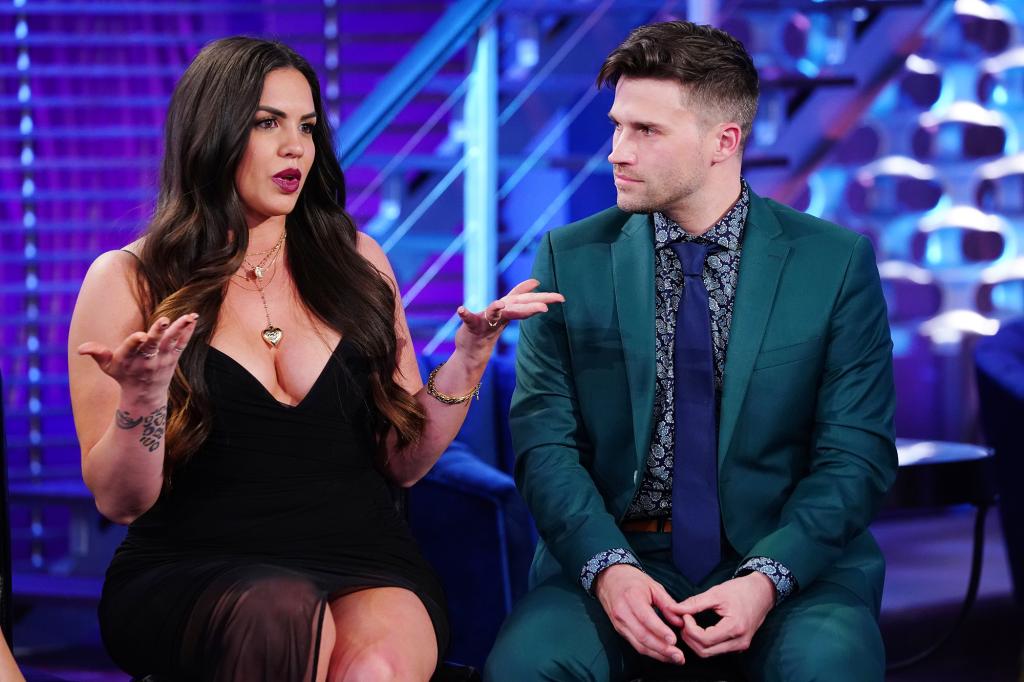 Katie Maloney and Tom Schwartz talking during a "Vanderpump Rules" reunion.