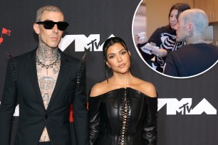 Travis Barker and Kourtney Kardashian on a red carpet with an inset of the couple at a doctor's office.