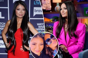 A split of Jennie Nguyen and Lisa Barlow during separate "Watch What Happens Live" appearances with an inset of Nguyen and Barlow posing for a selfie.