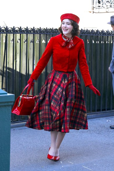 Plaid fad: Rachel Brosnahan treats Central Park to her character Mrs. Maisel while filming a new season of the show.