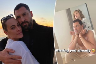 A photo of Peta Murgatroyd and Maksim Chmerkovskiy hugging, and a photo of Chmerkovskiy with his son Shai.