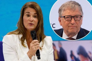 A photo of Melinda French Gates speaking and a photo of Bill Gates in the inset.