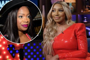 NeNe Leakes on "Watch What Happens Live" with an inset of Kandi Burruss at an event.