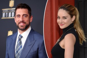 A split photo of Aaron Rodgers posing at an event and a photo of Shailene Woodley posing at an event