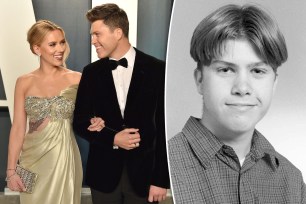 A split of Scarlett Johansson and Colin Jost on a red carpet and Jost in his high school yearbook photo.