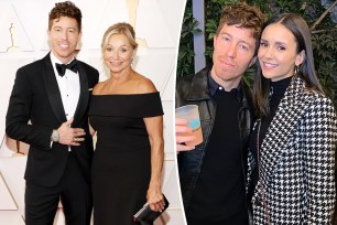 A split of Shaun White with his mom at the 2022 Oscars and at a party with Nina Dobrev.