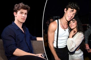 A split photo of Shawn Mendes sitting and a photo of him posing with Camila Cabello