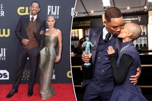 A split of photos of Will Smith and Jada Pinkett on red carpets.