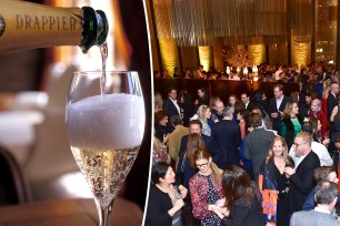 Glass of champagne next to a picture of the crowd at the Art Production Fund gala.