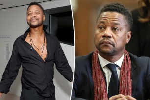 A composite image shows Cuba Gooding Jr. posing at and event and sitting in court