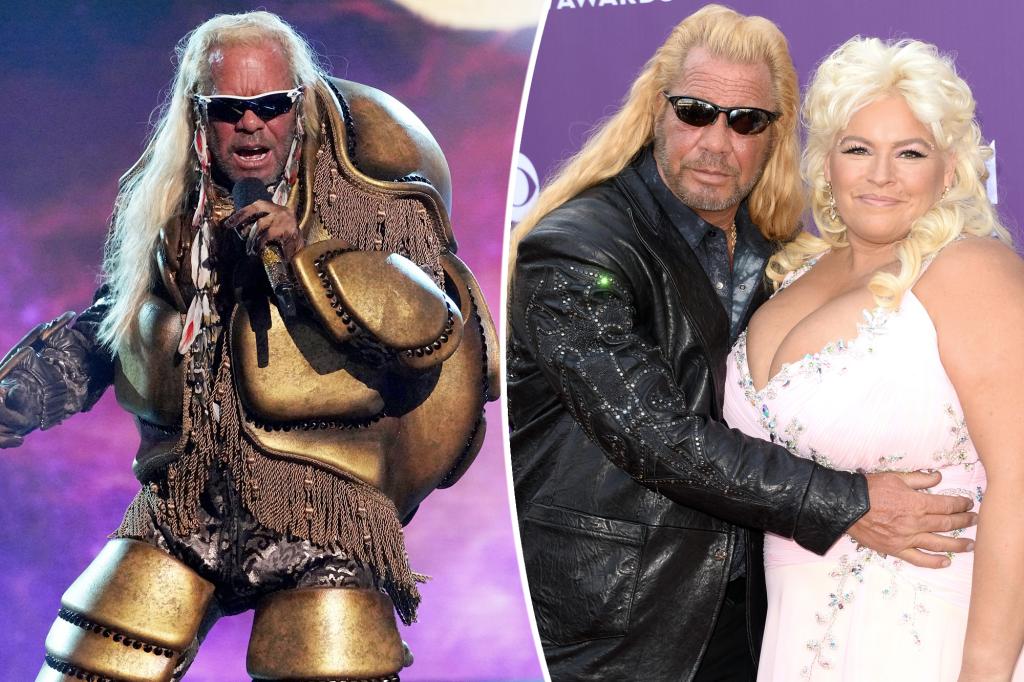 A split of Duane Champan as the Armadillo on "Masked Singer" and him with Beth Chapman.