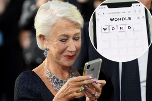 Helen Mirren looking at her phone with inset of a screen grab from Wordle.