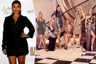 a split photo of Cheddar anchor Hena Doba and the "RHONY" cast