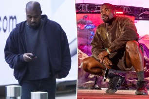 A split of Kanye West texting and on stage.