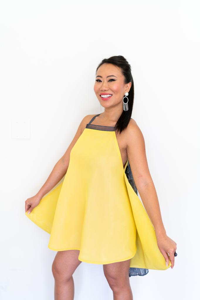 Yellow dress Amna Al Salem, jewelry Talita London $410, shoes by Anabelle $1,280