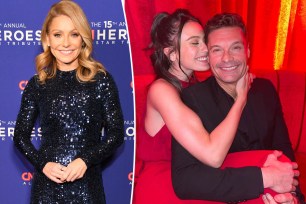 A split image of Kelly Ripa on a red carpet and Ryan Seacrest cuddled up to Aubrey Paige.