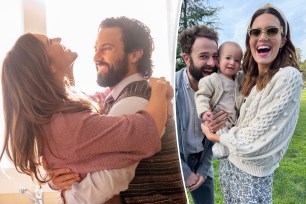 A split of Mandy Moore with Milo Ventimiglia on “This Is Us” and her real-life family