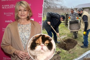 A split of Martha Stewart and her cat being buried and an inset of her cat Princess Peony.