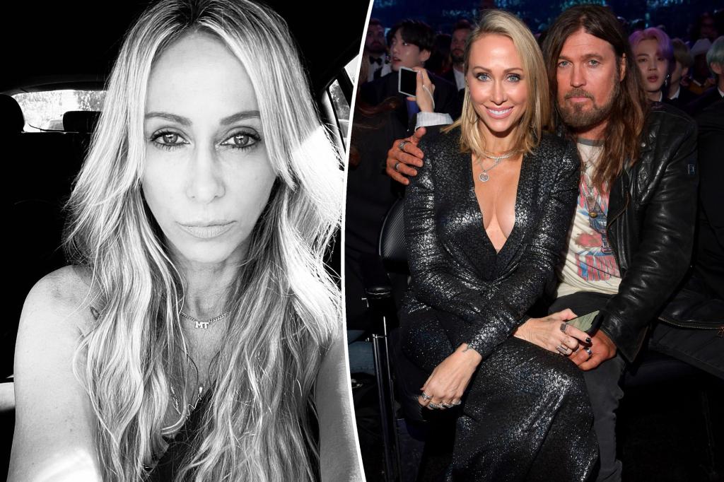 A split of Tish Cyrus in a selfie and sitting with Billy Ray Cyrus at an awards show.