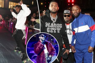 Picture of Usher roller skating, Usher singing on stage in a red fur, and Usher with Floyd Mayweather