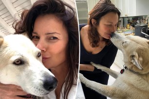 A composite image shows two pictures of Fran Drescher posing with her dog