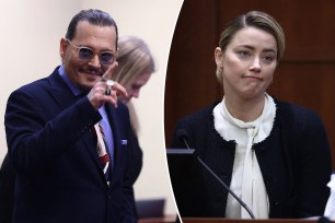 A split photo of Johnny Depp walking into court and a photo of Amber Heard talking on the stand