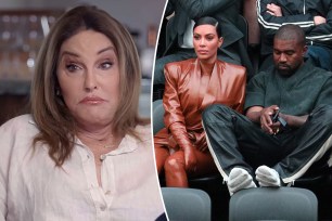 A split of Caitlyn Jenner recording a podcast and Kanye West and Kim Kardashian at a basketball game together.