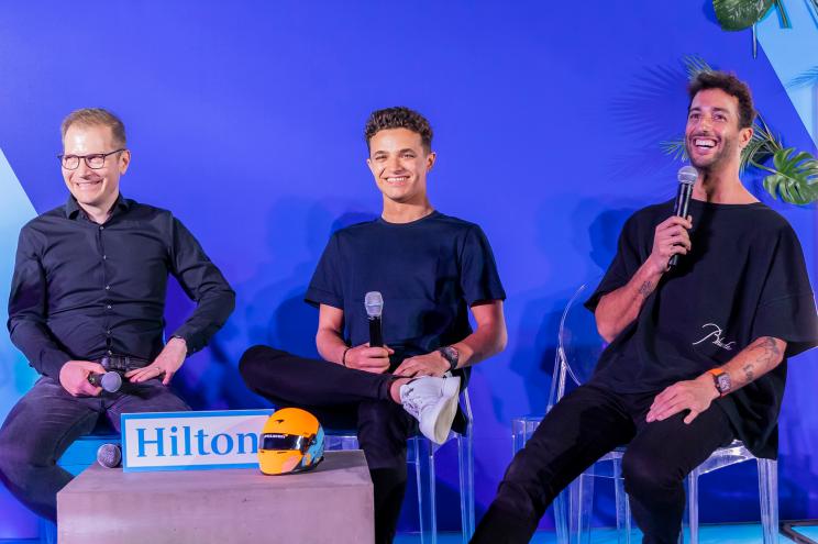 Lando Norris and Daniel Ricciardo at the Hilton x McLaren event celebrating the Formula 1 Miami Grand Prix at the Hilton Bentley Miami/South Beach on Saturday.