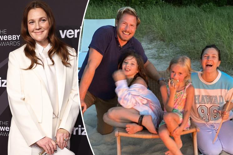 A split of Drew Barrymore on a red carpet and Barrymore, Will Kopelman and their daughters, Olive and Frankie, in a backyard.