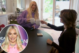 Erika Jayne and Lisa Rinna talking on "RHOBH" and a small photo of Erika Jayne posing for an event