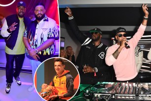 A Split of DJ Khaled and Will.i.am and Swizz Beatz, Timbaland, and Will.i.am with an inset of Lando Norris.