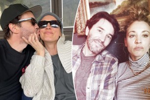 An split image of Kaley Cuoco and Tom Pelphrey.