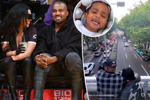 A split photo of Chaney Jones and Kanye West sitting at a game and a photo of them on Tokyo and a small photo of Psalm West