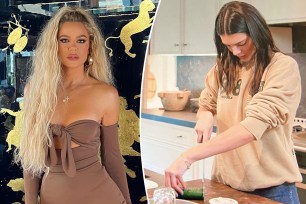 A split image of Khloé Kardashian and Kendall Jenner cutting a cucumber