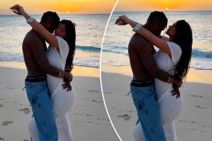 Two photos of Kylie Jenner and Travis Scott holding each other