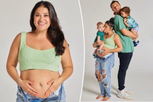 A split photo of Loren Brovarnik pregnant and a photo of her and Alexei Brovarnik and their two kids